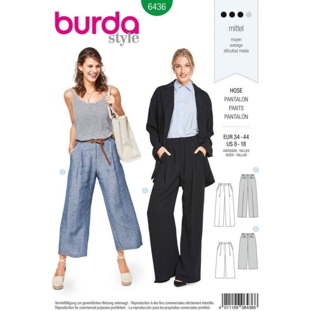 Sewing Pattern Burda‎ Style 6436 Wide Leg Pants Sizes 8-18